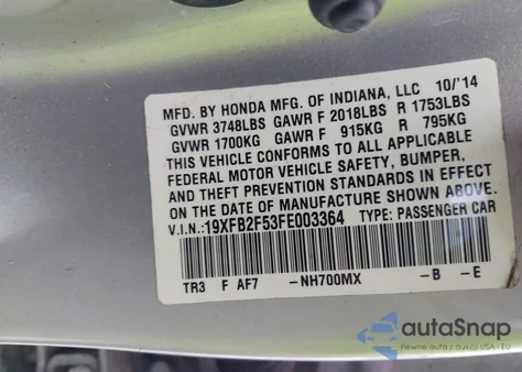 2015 Honda Civic Lx из США, поврежденный, VIN 19XFB2F53FE003364